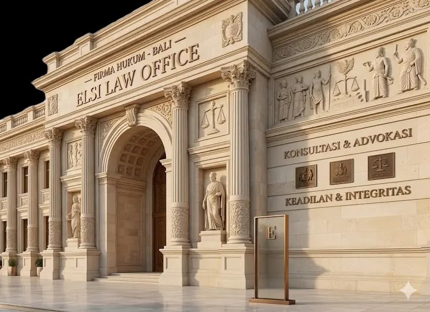 Fasad arsitektur dalam cahaya hangat untuk hero homepage Elsi Law Office